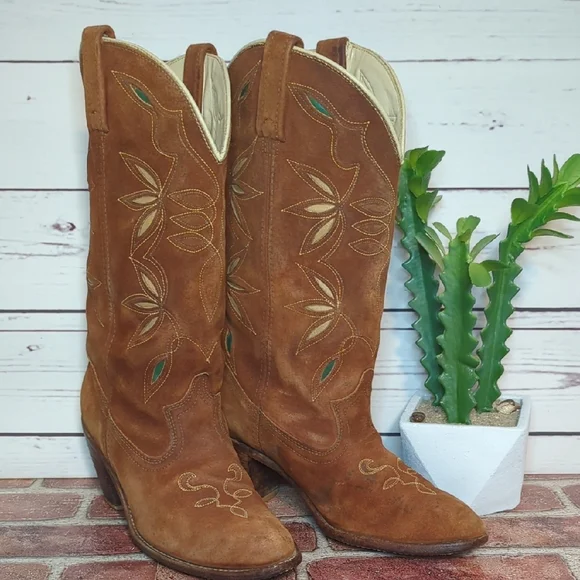 Vintage Acme Cowboy Cowgirl Boots 70's Women's 9.5 Suede Inlay Cutouts Butterfly - Picture 4 of 16